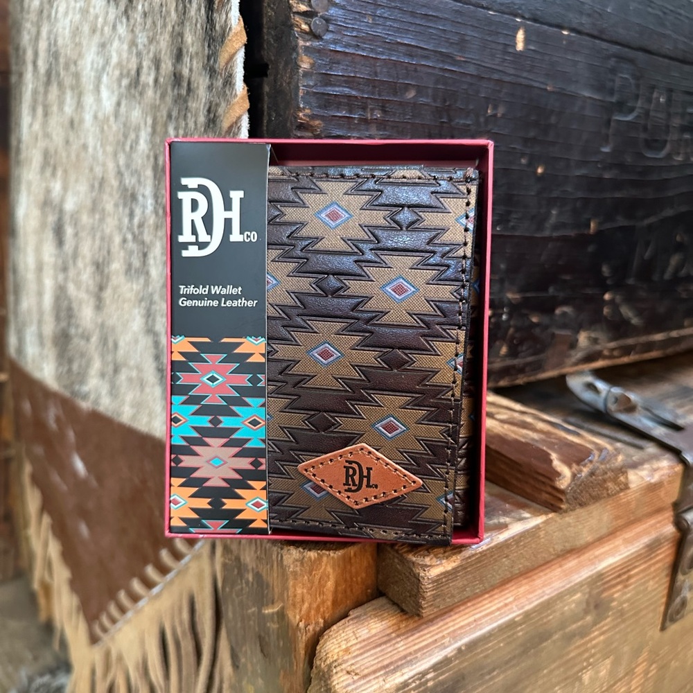 Genuine Dark Brown Leather Southwestern Trifold Wallet